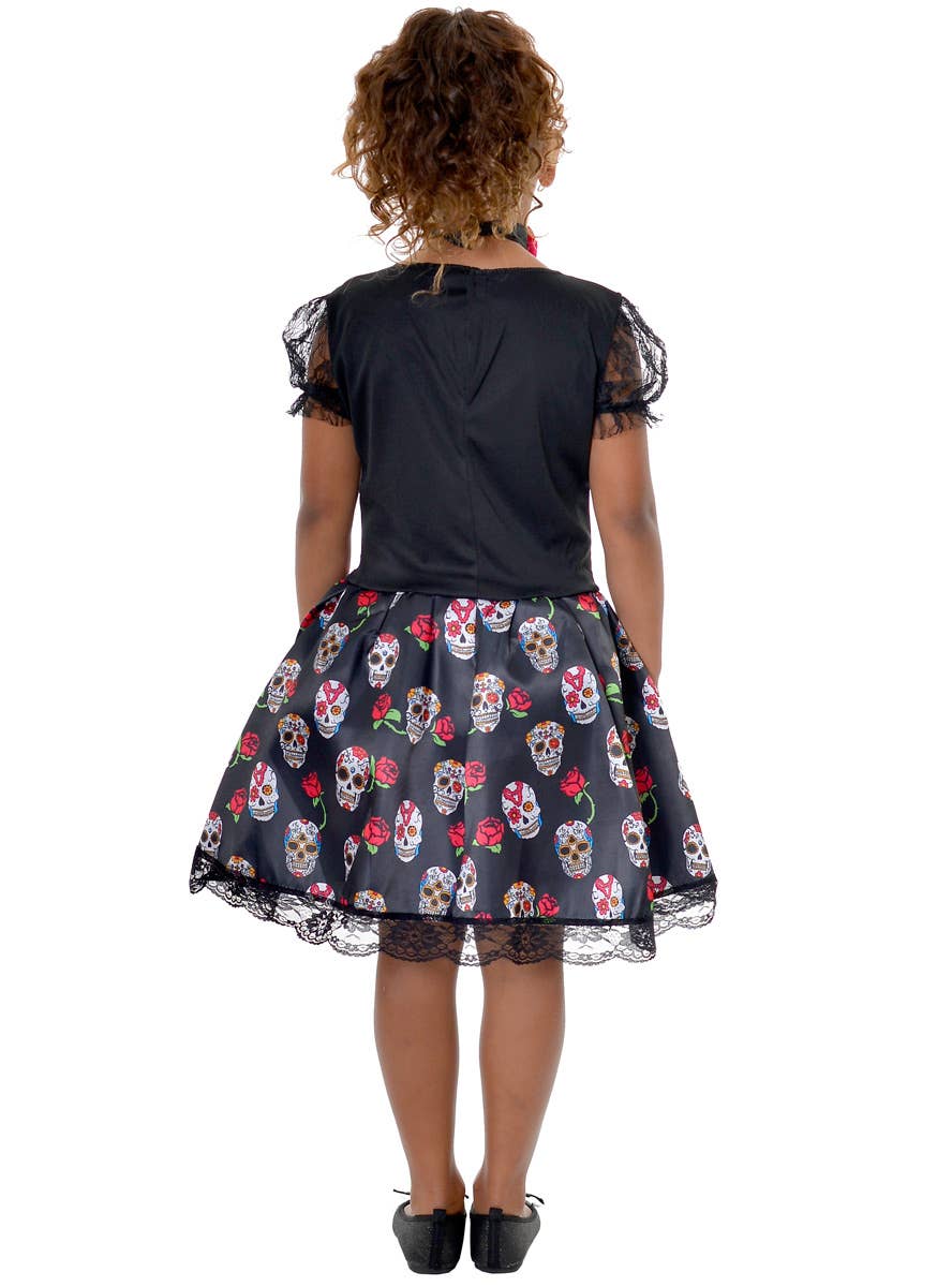 Image of Day of the Dead Girls Pink Sugar Skull Halloween Costume - Back View