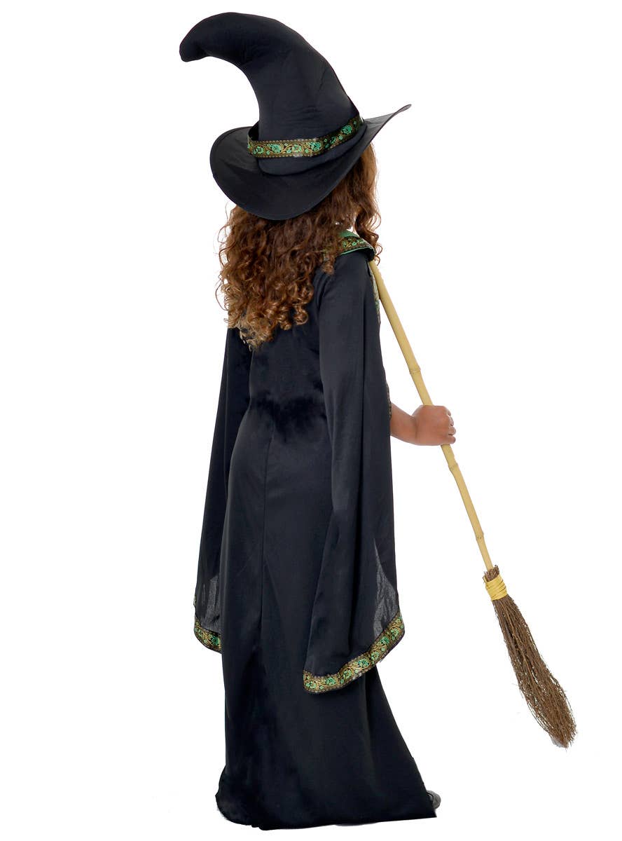 Girl's Long Black, Green and Gold Wicked Witch Halloween Costume - Back View