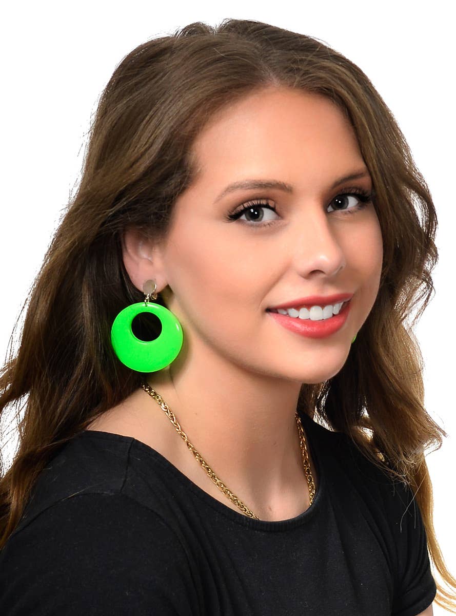 Awsome 80's Circle Earrings in Neon Green Costume Jewellery