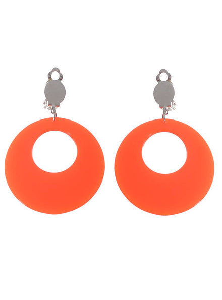 Neon Orange Round 80s Clip On Costume Earrings