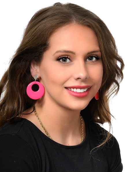 Awesome 80's Circle Earrings in Neon Pink Costume Jewellery