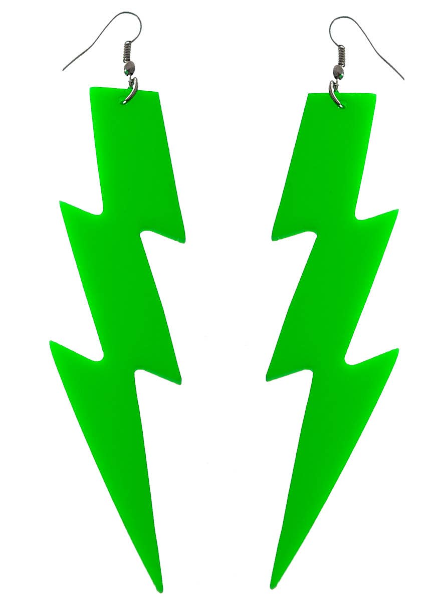 Large Neon Green Lightning Bolt 80s Costume Earrings