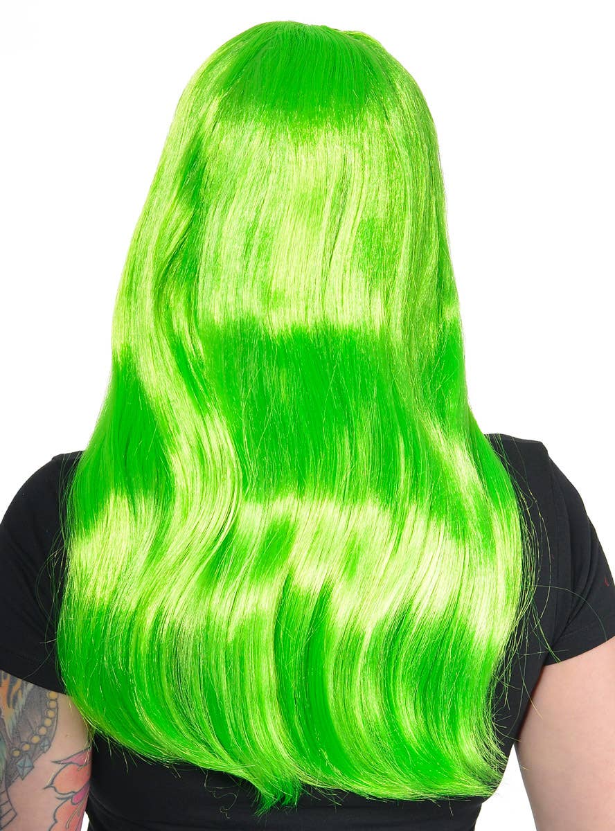Womens Neon Green Long Straight Costume Wig with Front Fringe - Back Image