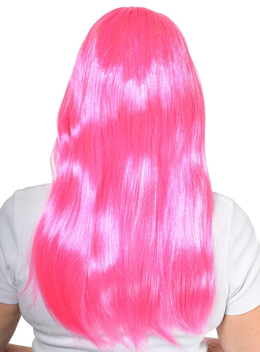 Womens Neon Pink Long Straight Costume Wig with Front Fringe - Back Image