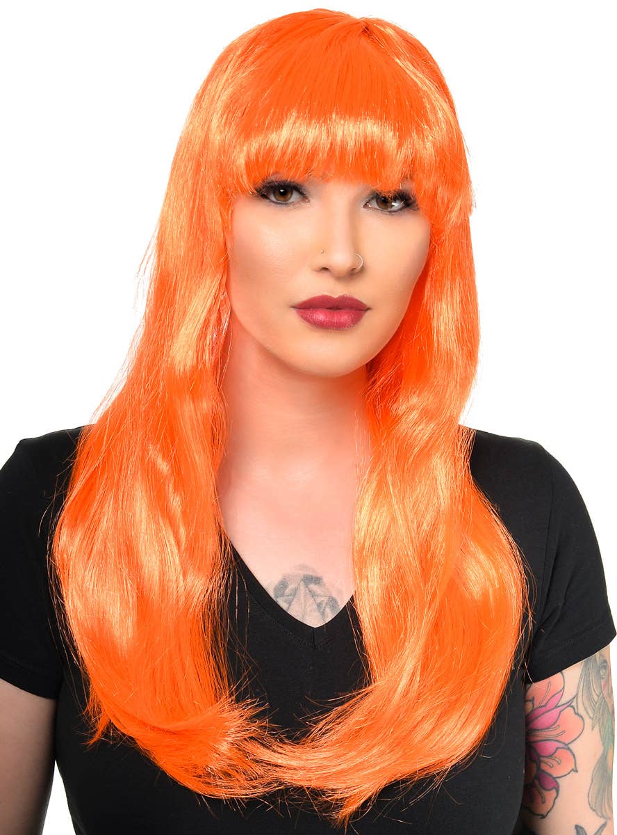 Womens Neon Orange Long Straight Costume Wig with Front Fringe - Front Image