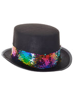 Black Costume Top Hat with Rainbow Sequin Band for Adults