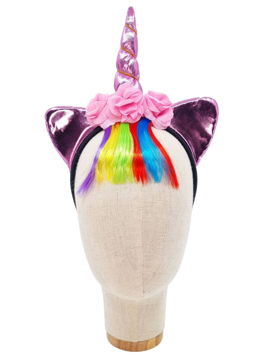 Image of Metallic Pink Unicorn Horn Headband with Rainbow Fringe - Front View