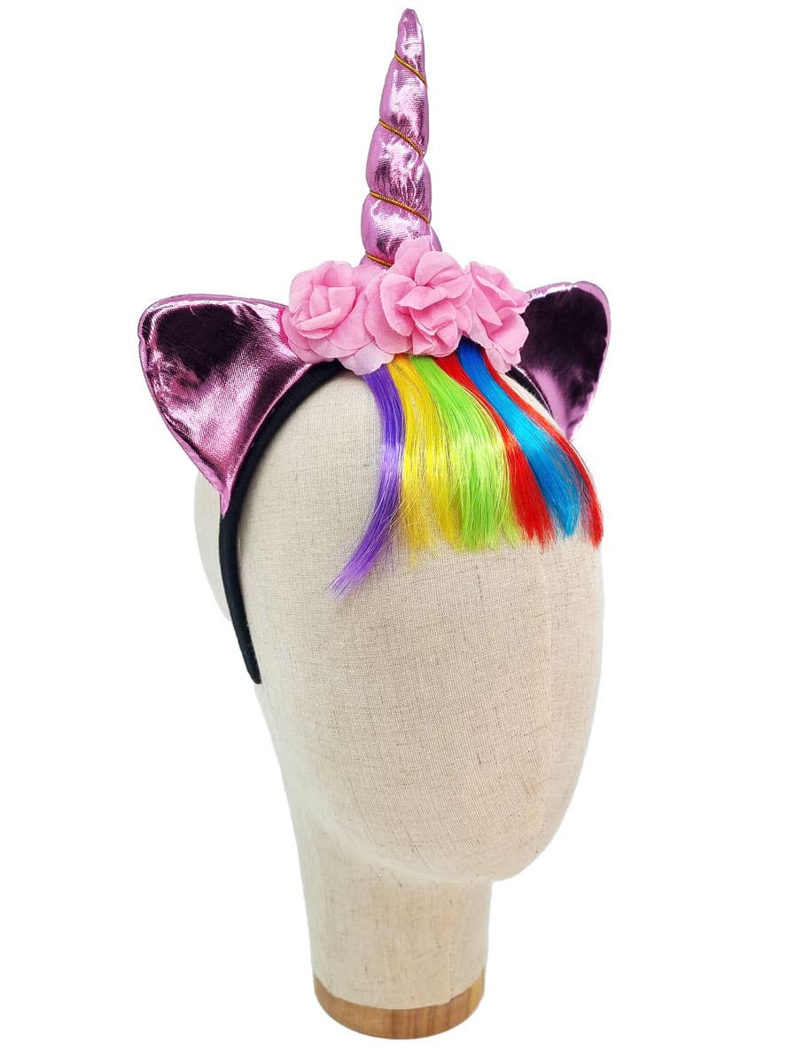 Image of Metallic Pink Unicorn Horn Headband with Rainbow Fringe - Side View