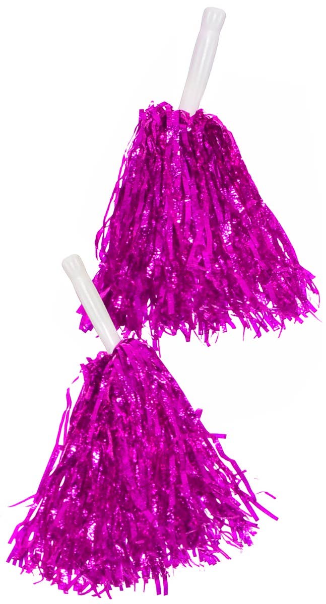 Hot Pink metallic Tinsel Cheerleader Pom Poms Costume Accessory Main Image