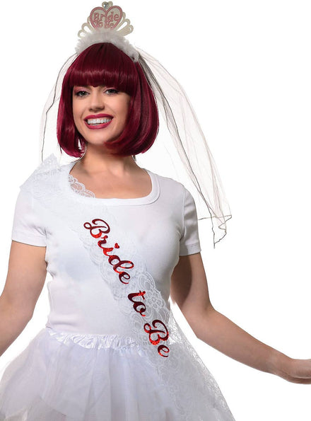 White Lace Hens Night Sash with Red Holographic Bride to Be Print - Close Image