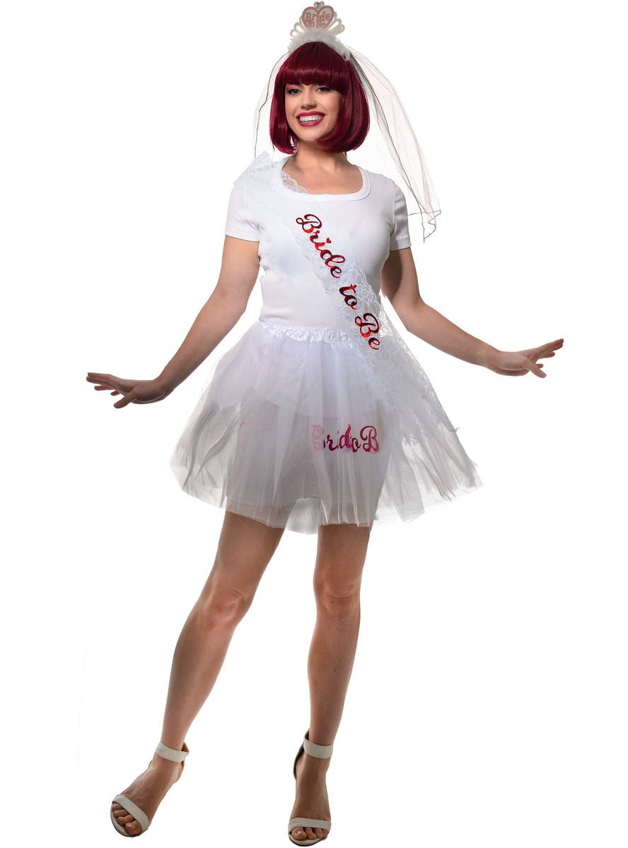 White Lace Hens Night Sash with Red Holographic Bride to Be Print - Full Image