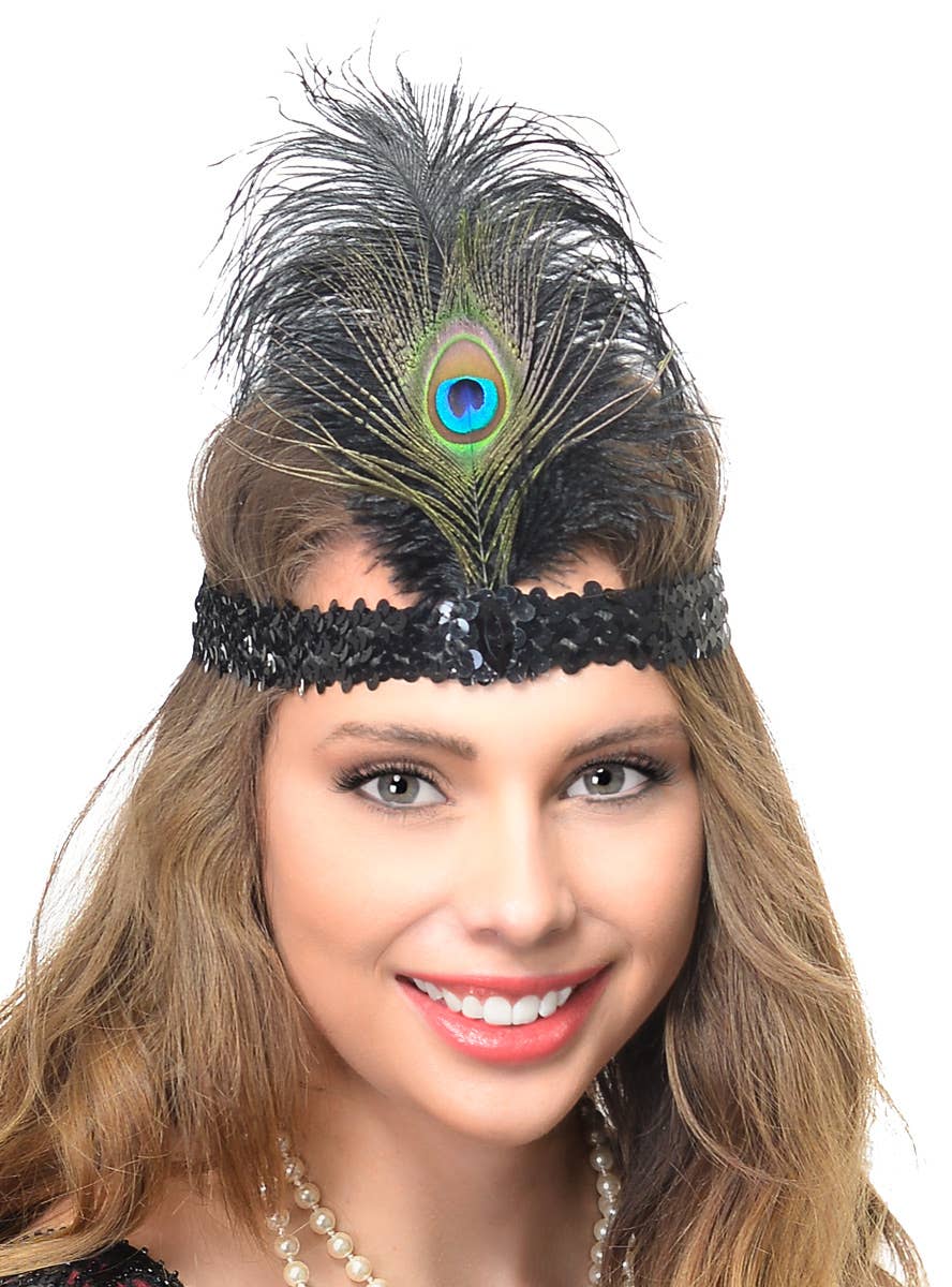 Womens 1920s Flapper Headband With Black Sequins and Peacock Feather