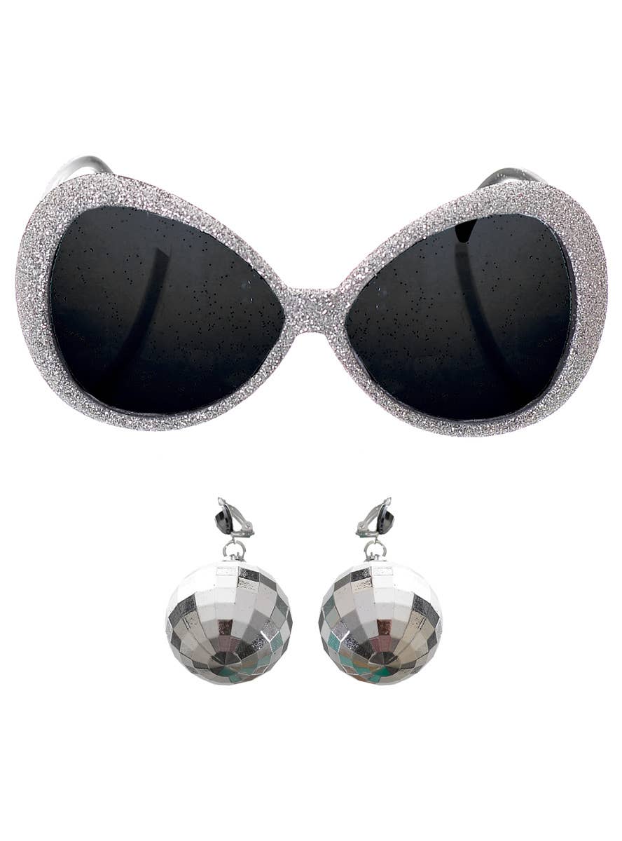 Silver Glitter 70s Disco Sunglasses with Mirrorball Earrings Costume Accessory Set - Main Image