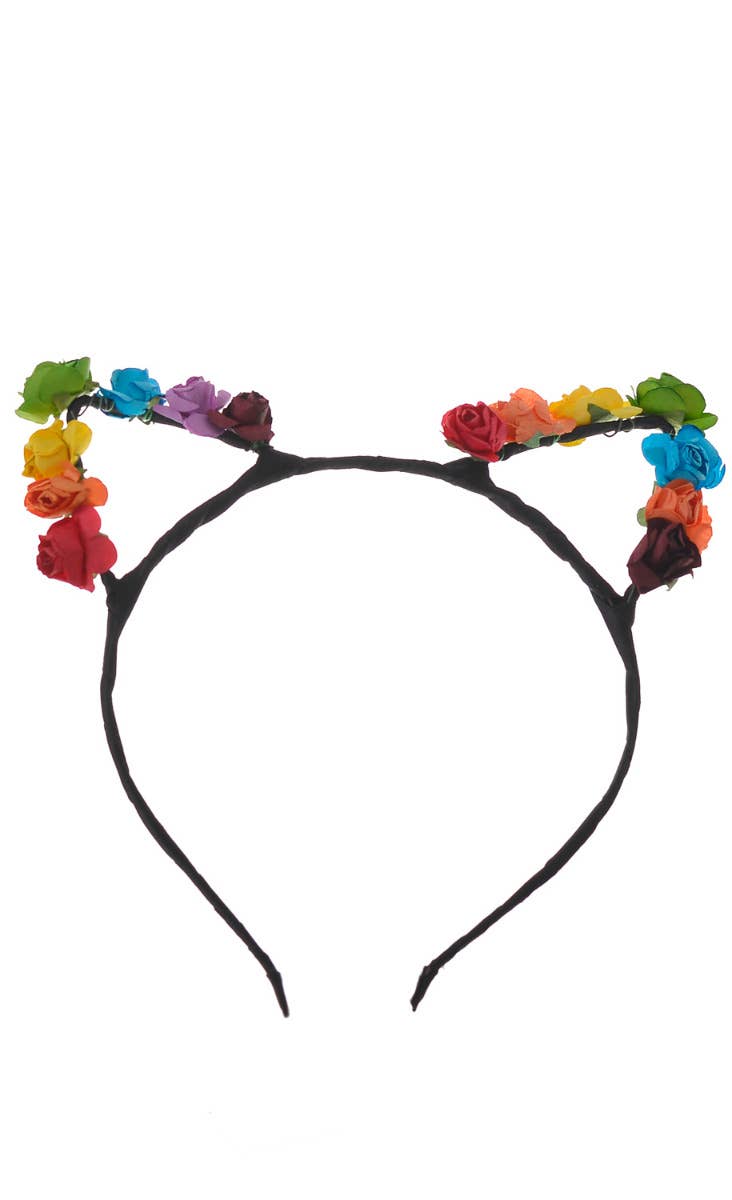 Colourful Rainbow Rose Flower Cat Ears on Headband Costume Accessory Main Image