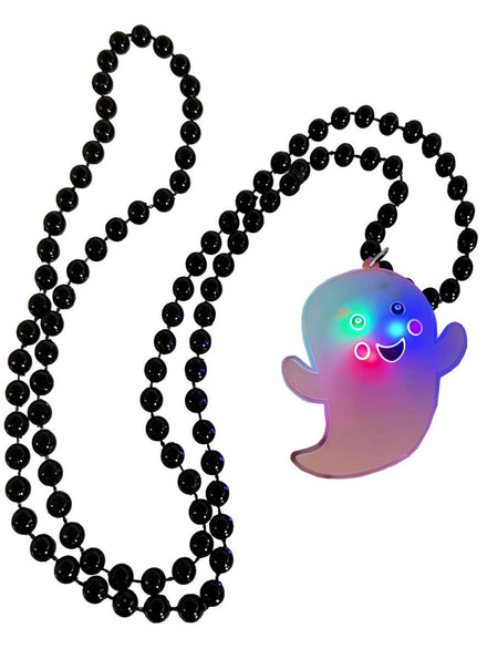 Light Up White Ghost Halloween Necklace with Black Beads