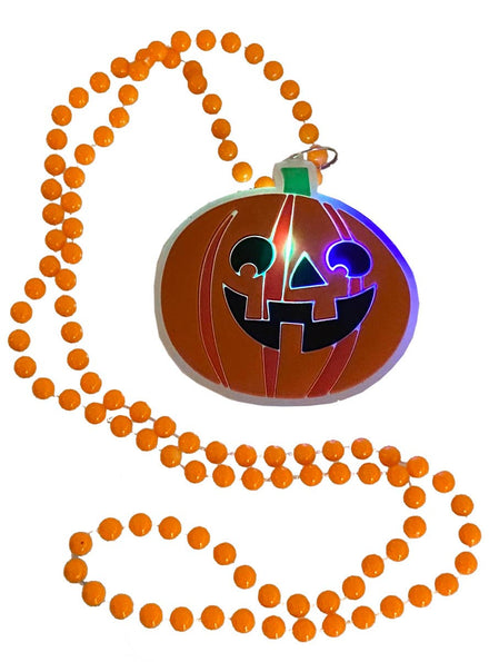 Light Up Orange Pumpkin Halloween Necklace with Orange Beads