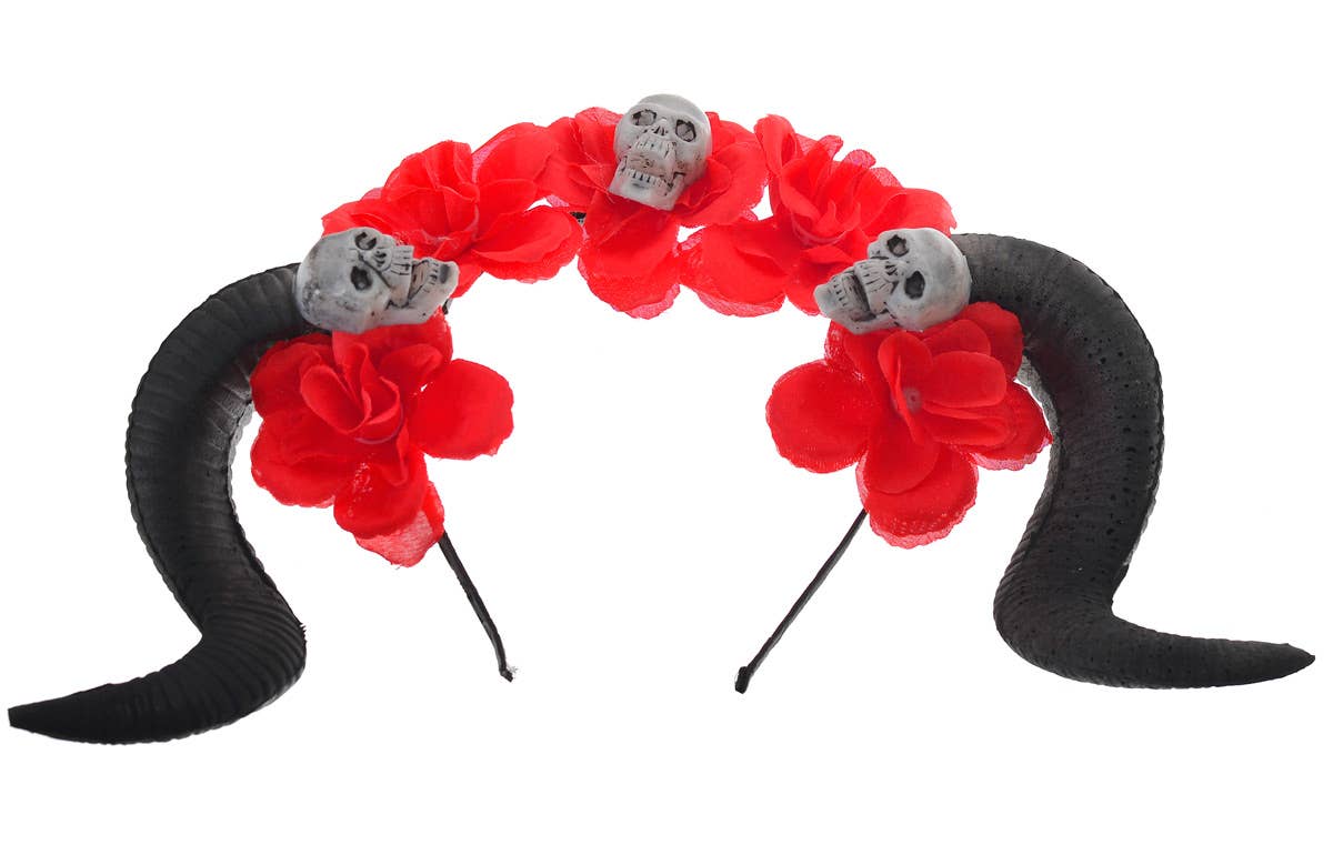 Black Goat Horns on Red Flower Headband with Skulls Headpiece - Close Image