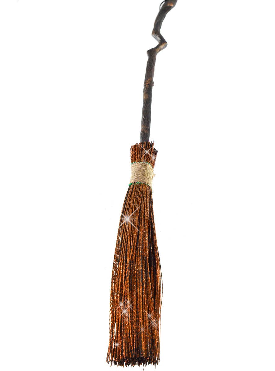 Crooked Wooden Look Orange Glitter Witches Broom Stick Costume Accessory