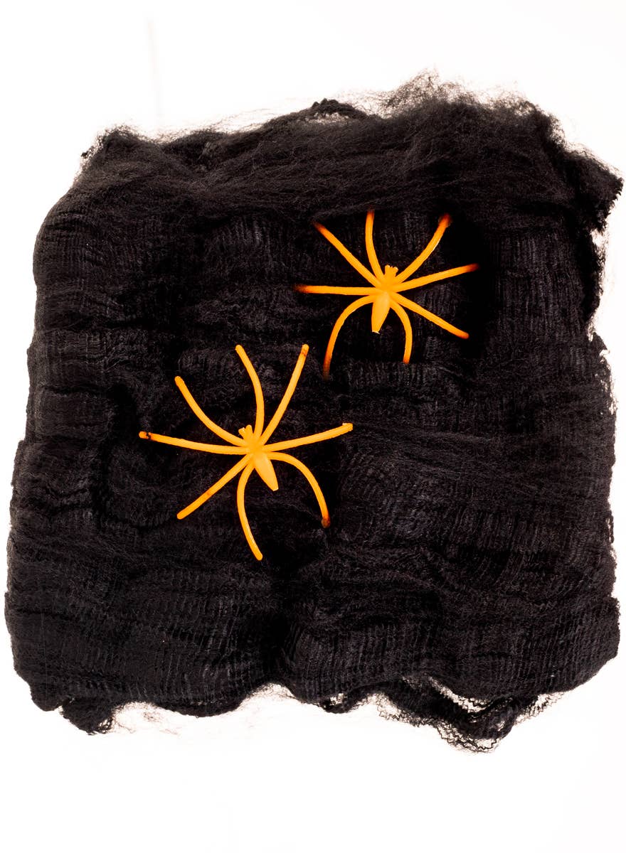 Stretchy Black Spider Web with Orange Plastic Spiders Halloween Decoration