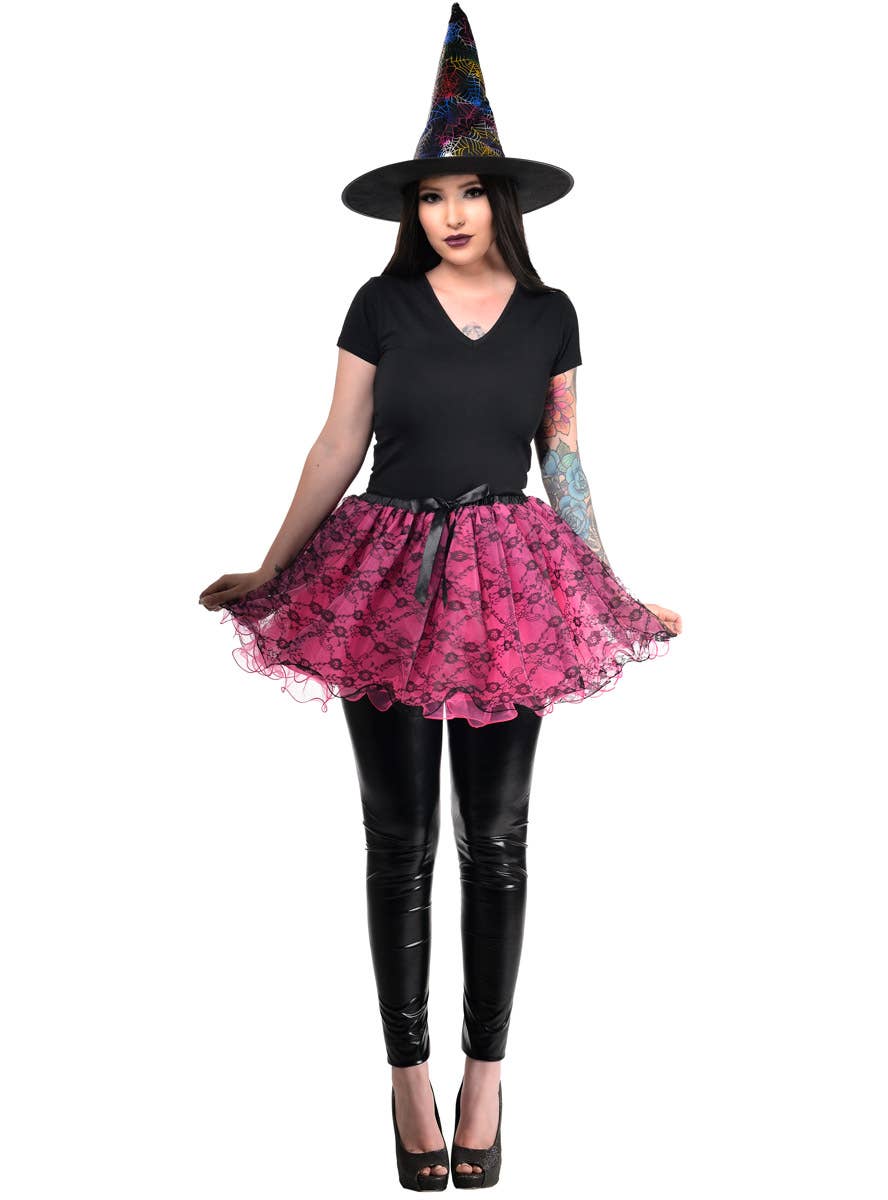 Black Witch Hat with Rainbow Spiderweb Print - Full Image