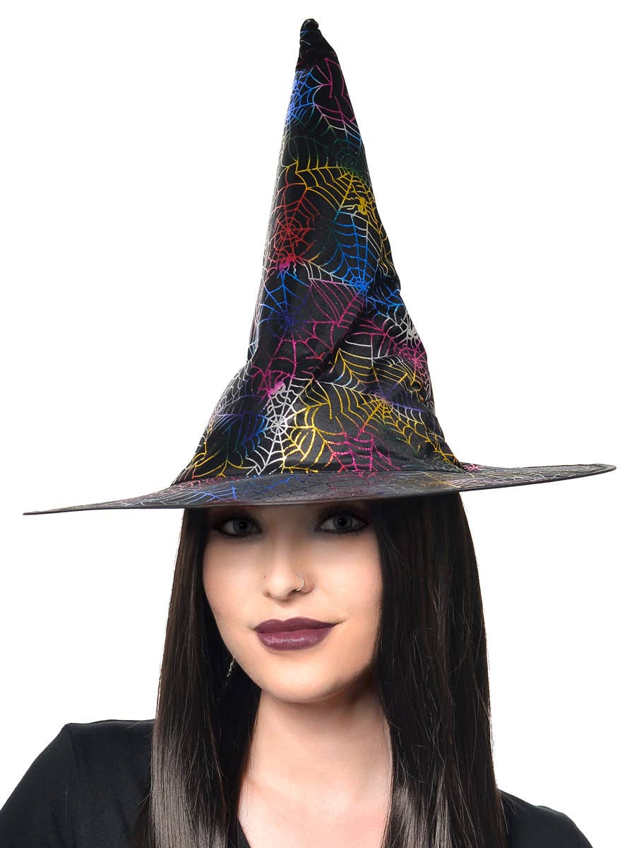 Black Witch Hat with Rainbow Spiderweb Print - Alternate Image
