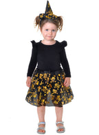 Gold and Black Skulls Mesh Tutu Pettiocat and Mini Witch Hat on Headband Toddler Costume Set