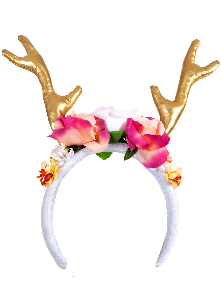 Gold Deer Antlers on Headband with Flowers