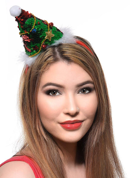 Red and Green Sequinned Christmas Tree Headband