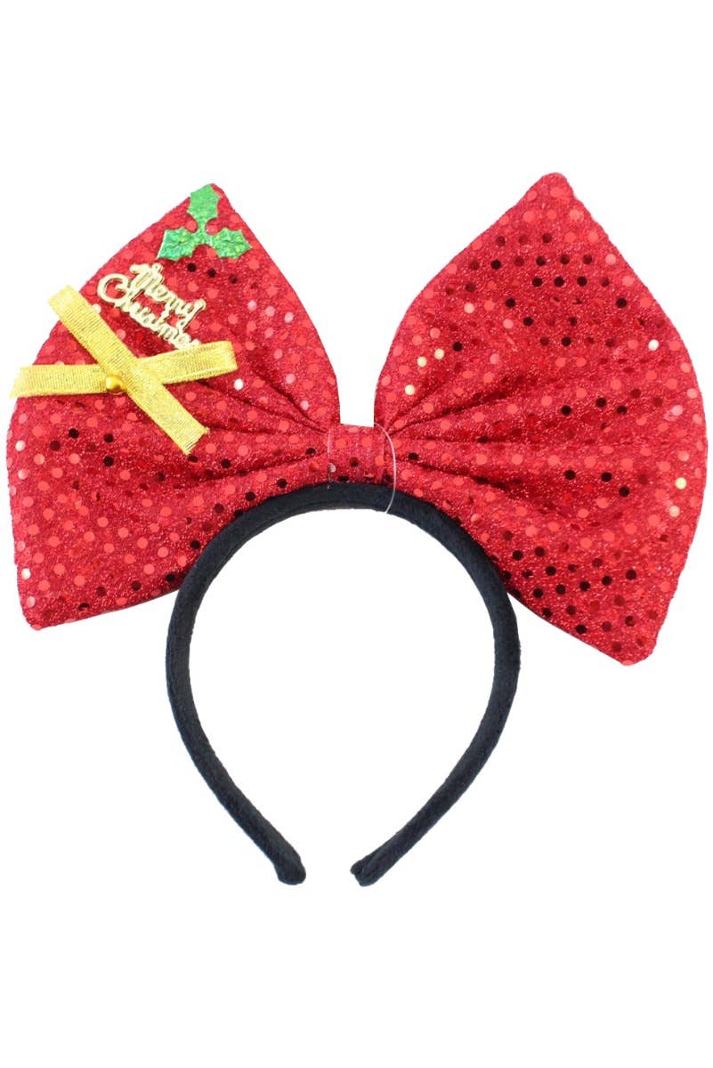 Women's Large Red Sequinned Novelty Christmas Bow With Holly, Merry Christmas And Gold Bow With Bell Accessory on Headband Alternate Image