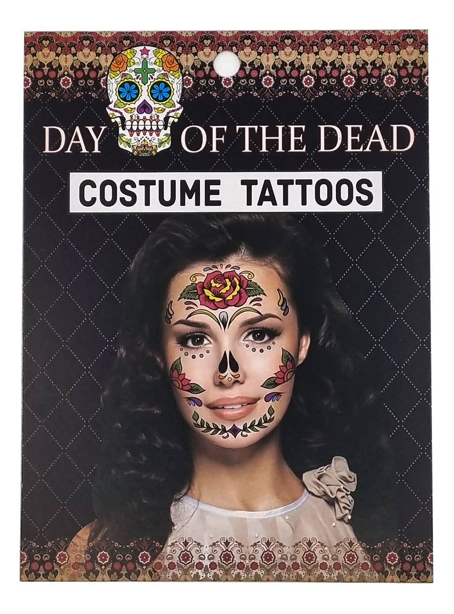 Red Roses Day of the Dead Sugar Skull Temporary Face Tattoos - Packaging Image