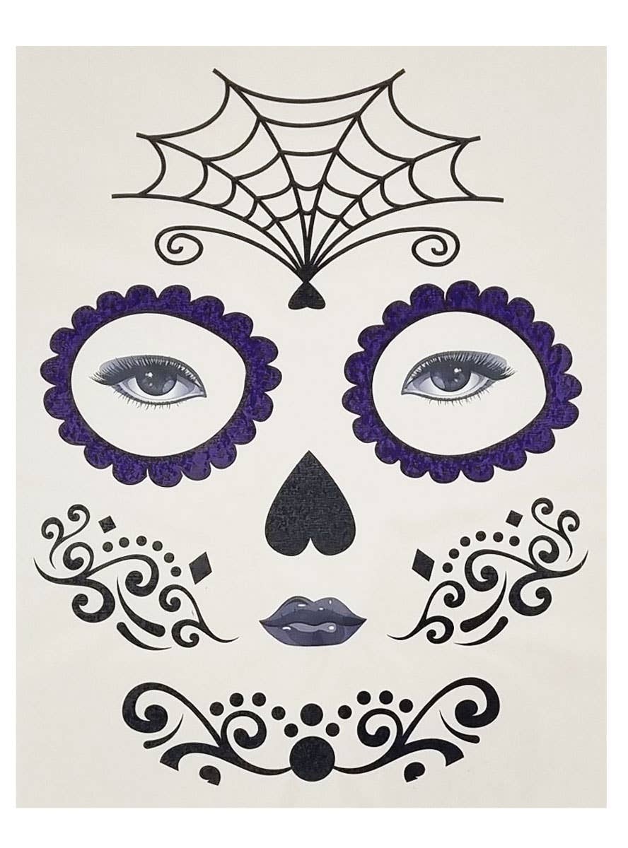 Black and Purple Spider Web Day of the Dead Sugar Skull Temporary Face Tattoos - Main Image