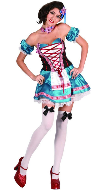 Traditional Blue Satin And Pink Ribbon German Oktoberfest Women's Fancy Dress Costume Main Image