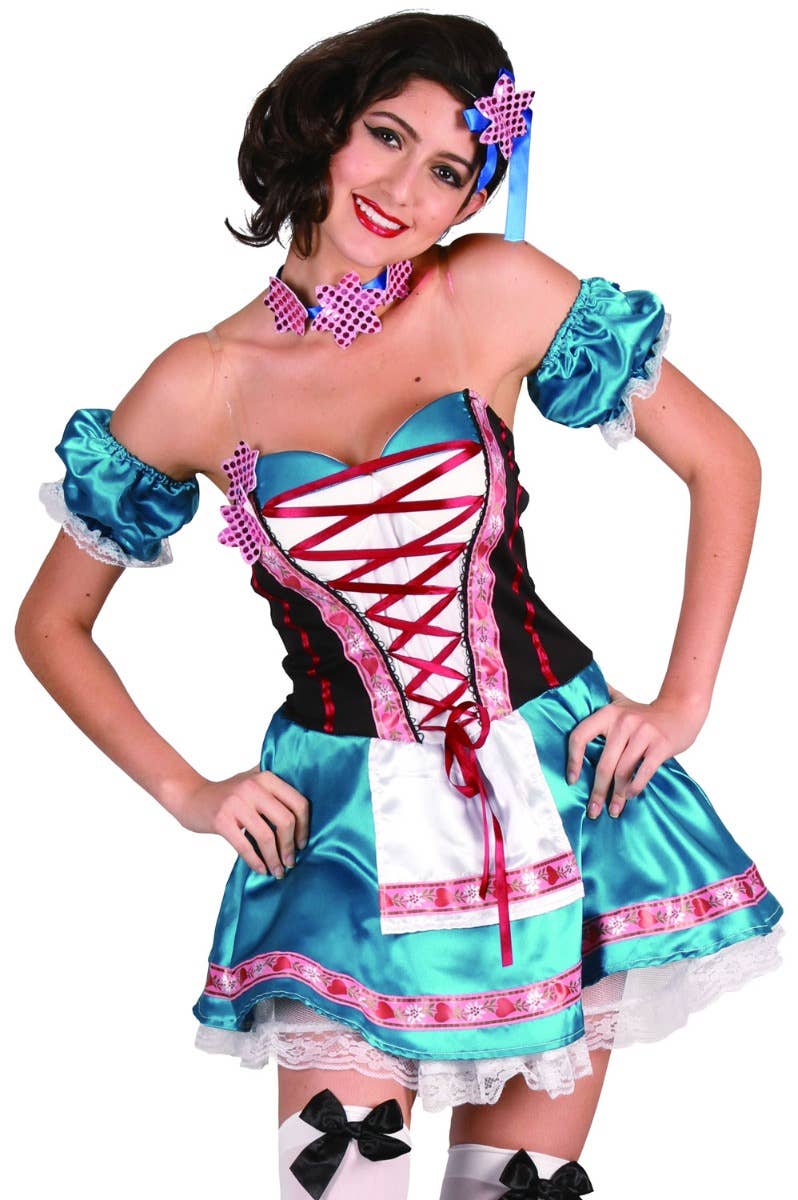 Traditional Blue Satin And Pink Ribbon German Oktoberfest Women's Fancy Dress Costume Close Up Image