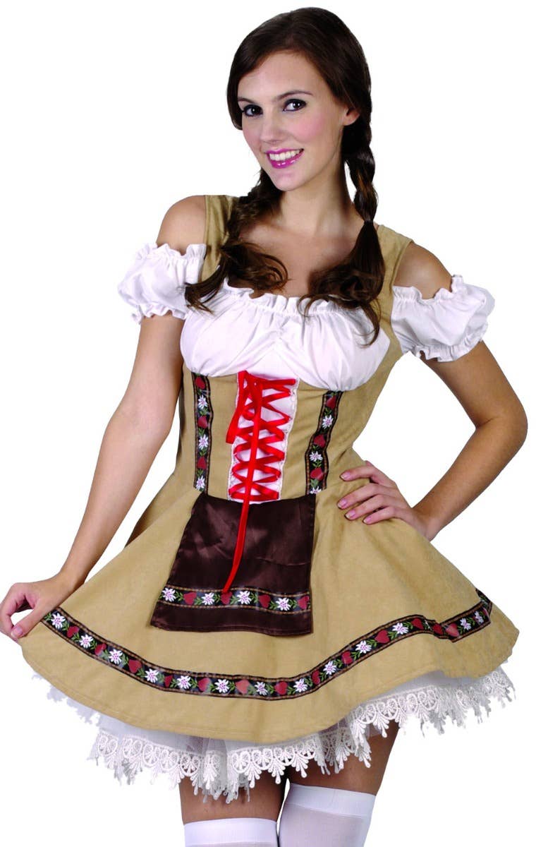 German Alpine Girl Oktoberfest Dress Women's Tan Brown Beer Girl Costume - Close Image