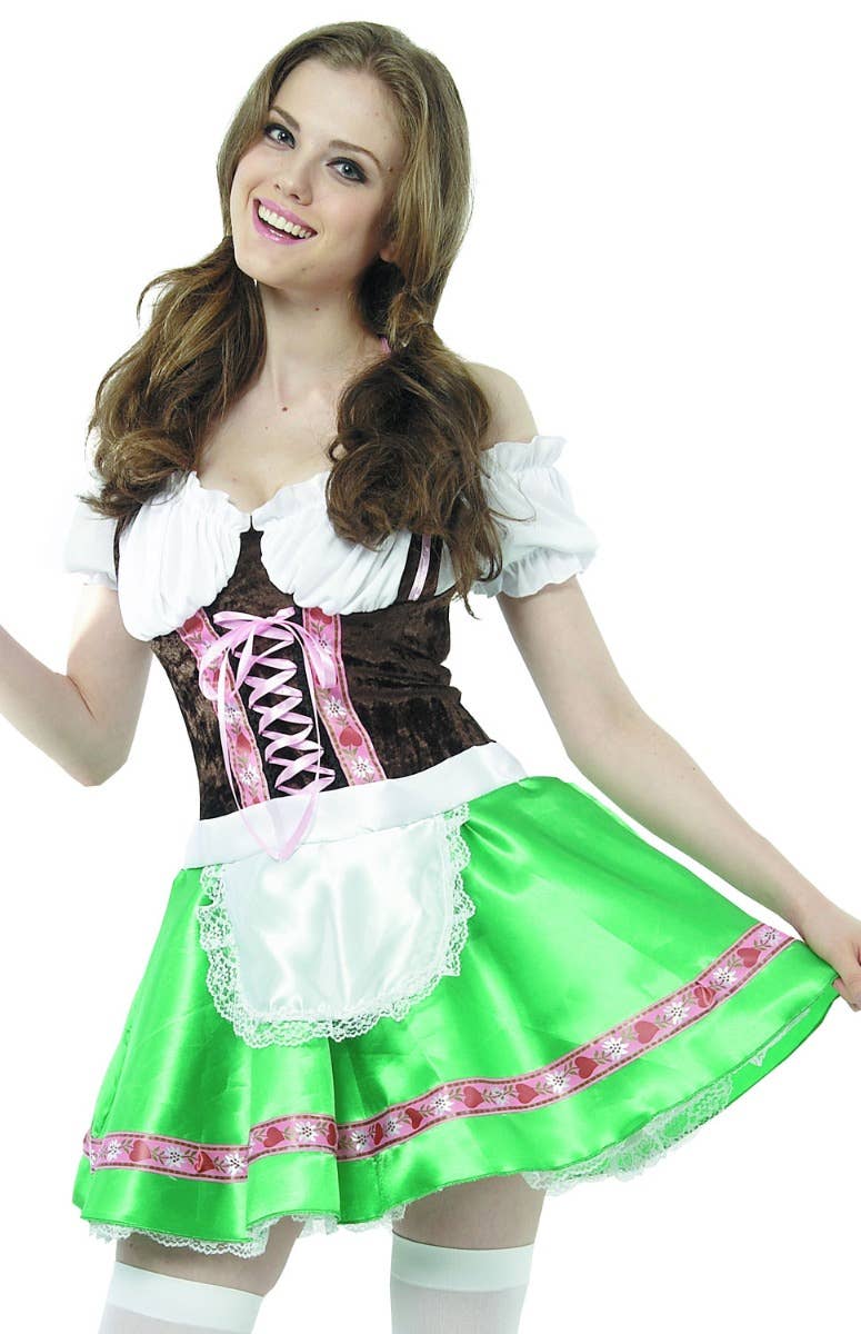 Beer Girl Women's Green And Brown Oktoberfest German Fancy Dress Costume Close Up Image