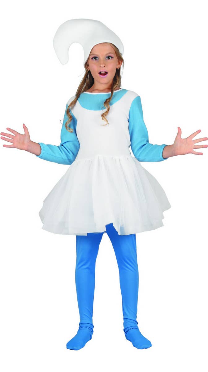 Girls Blue Elf Smurfette Costume | Blue Smurf Girls Fancy Dress Costume