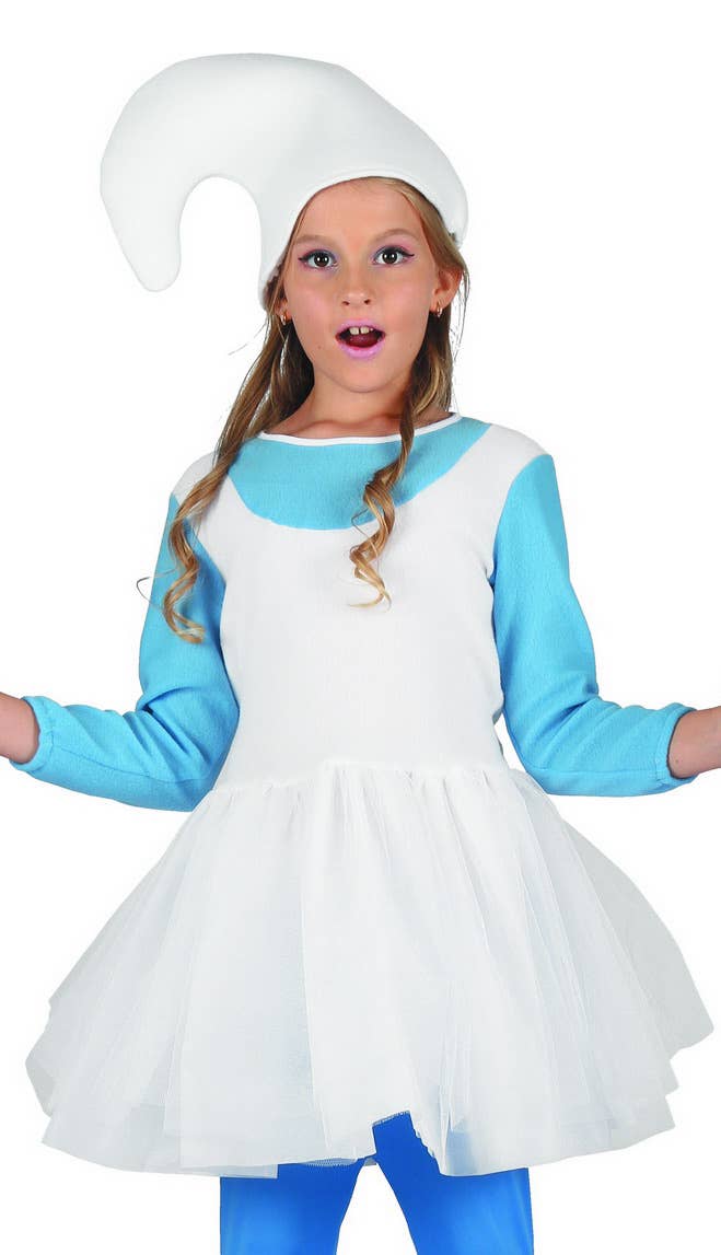 Girls Blue Elf Smurf Inspired Fancy Dress Book Week Costume Close up Image