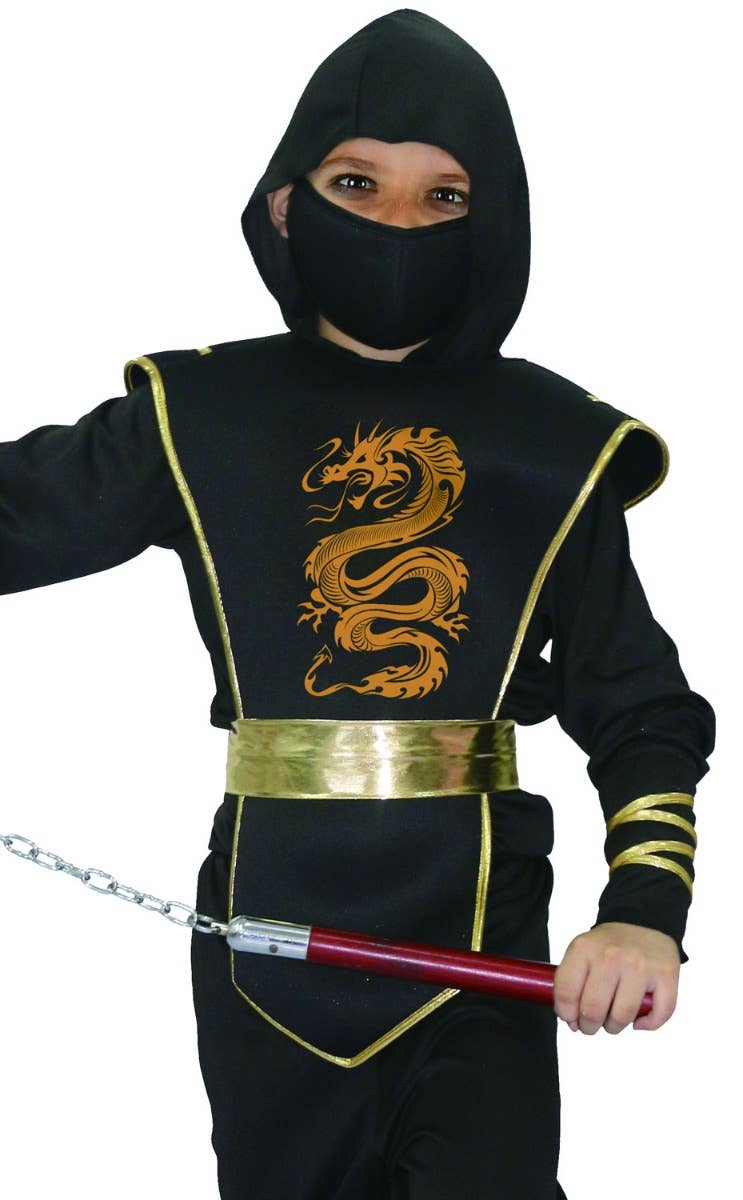 Night Assassin Boys Black and Gold Ninja Costume - Close Up