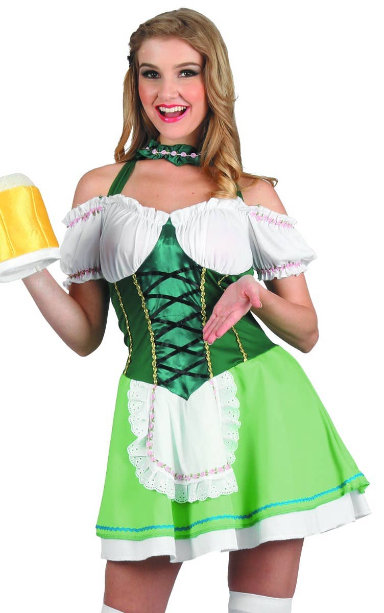 Sexy Green Women's German Oktoberfest Fancy Dress Costume Close Up Image