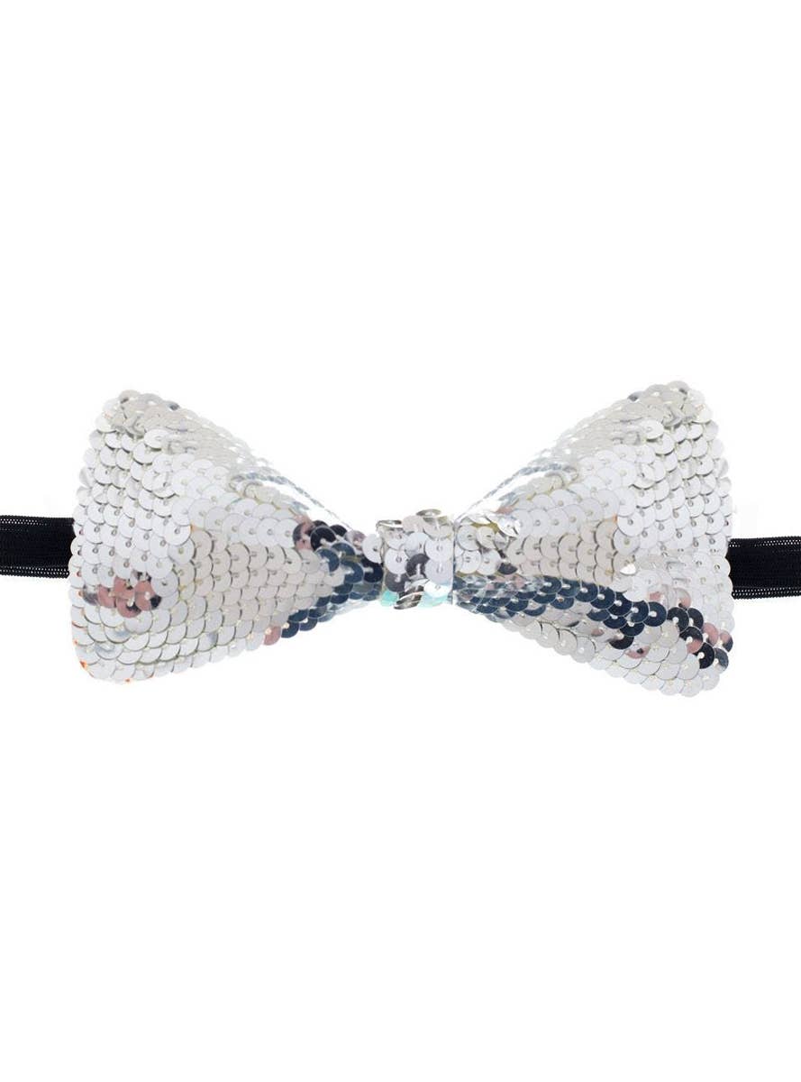 Large Silver Stiffened Sequined Bow Tie On Elastic Costume Accessory