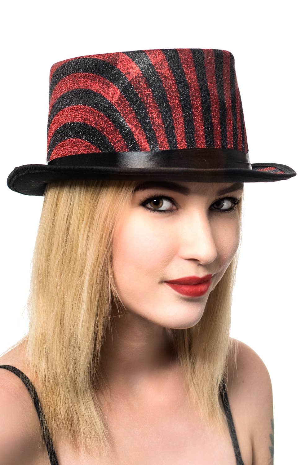 Striped Cabaret Top Hat | Red and Black Striped Lurex Costume Hat