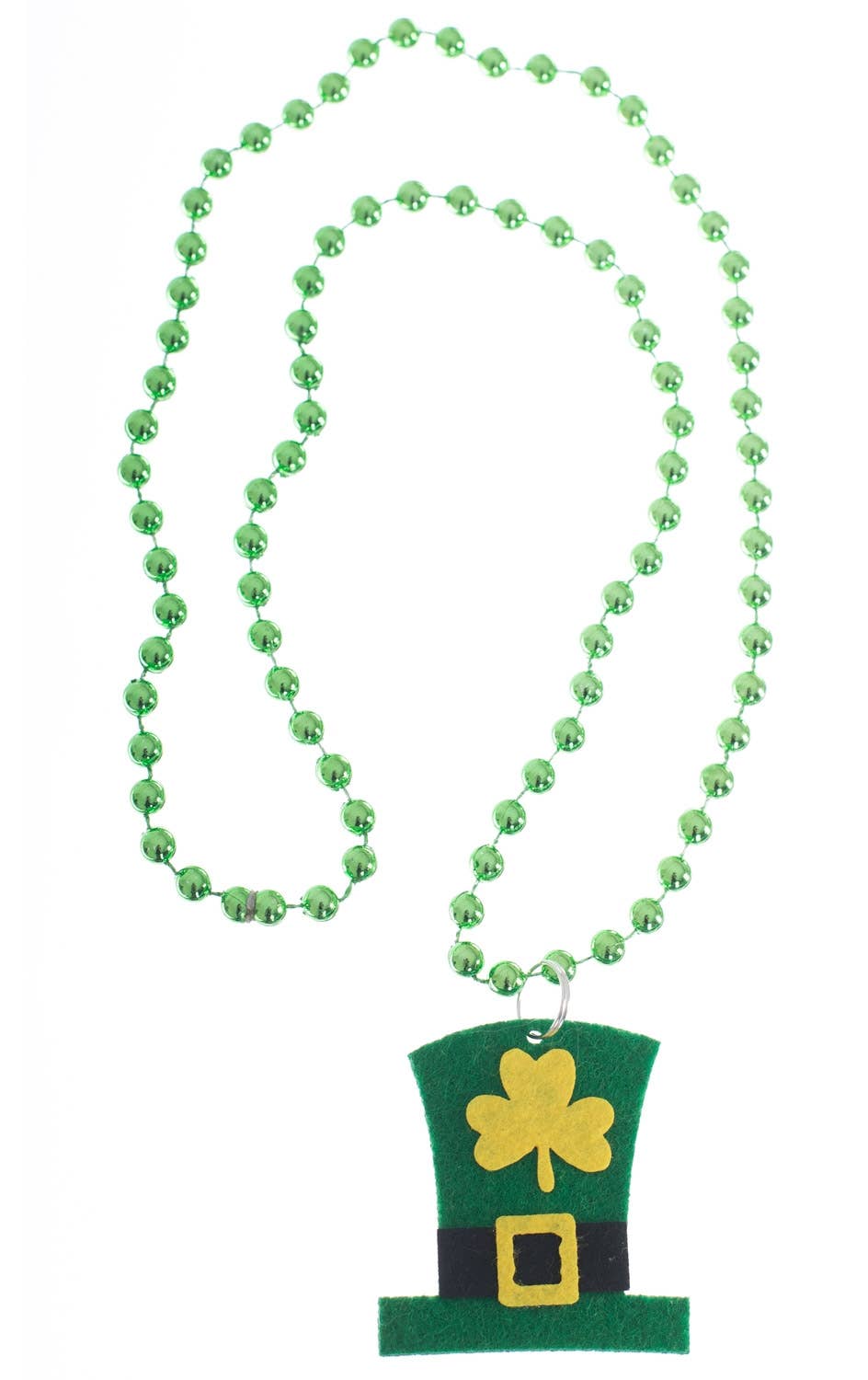 St Patricks Day Green Beaded Necklace With Leprechaun Hat Felt Pendant