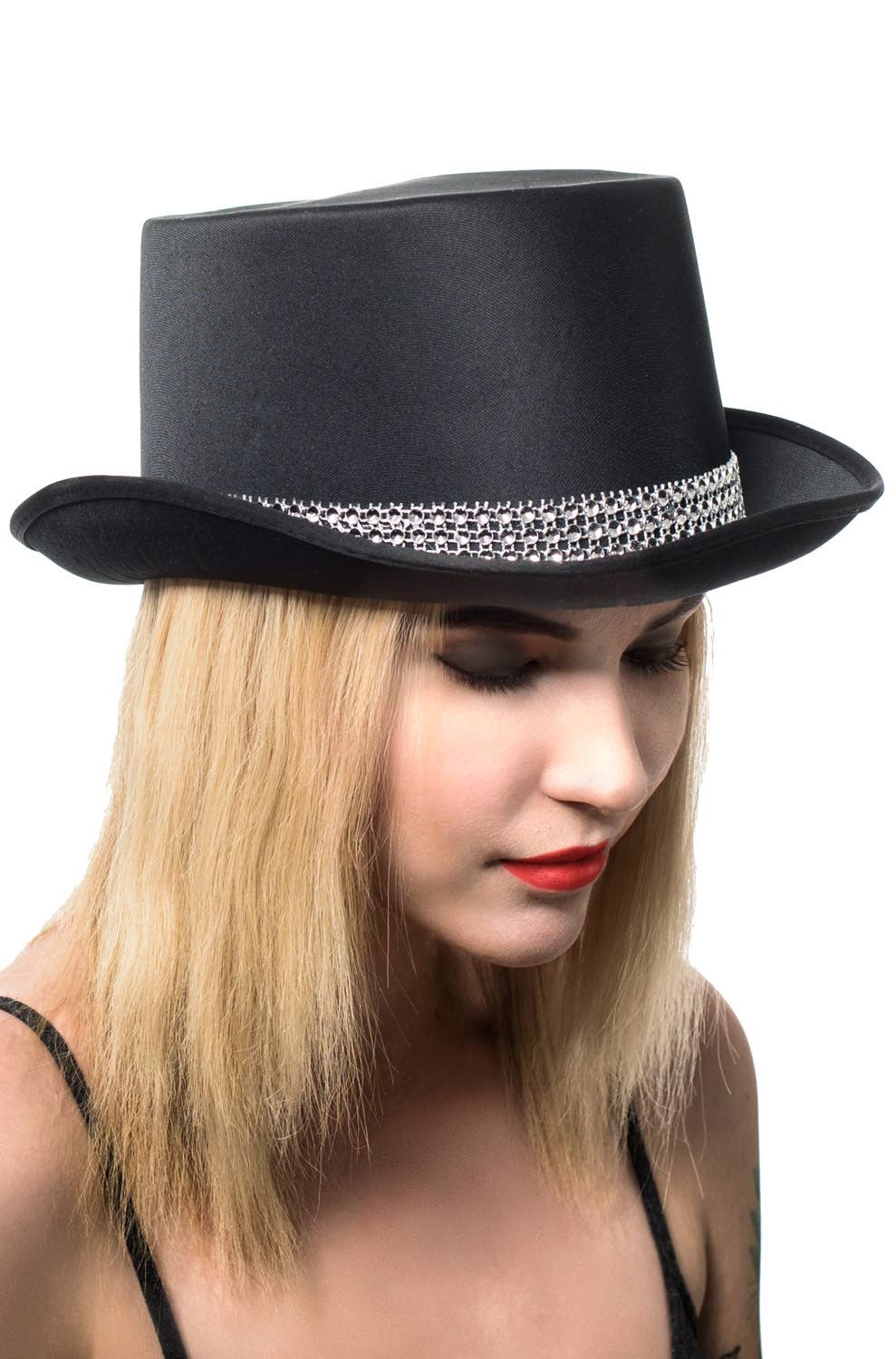 Black Satin Cabaret Top Hat with Rhinestones Costume Accessory