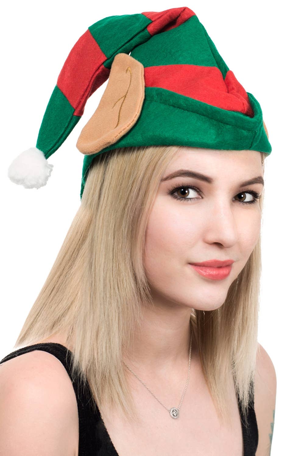 Striped Red and Green Elf Hat with Ears Alternate Image