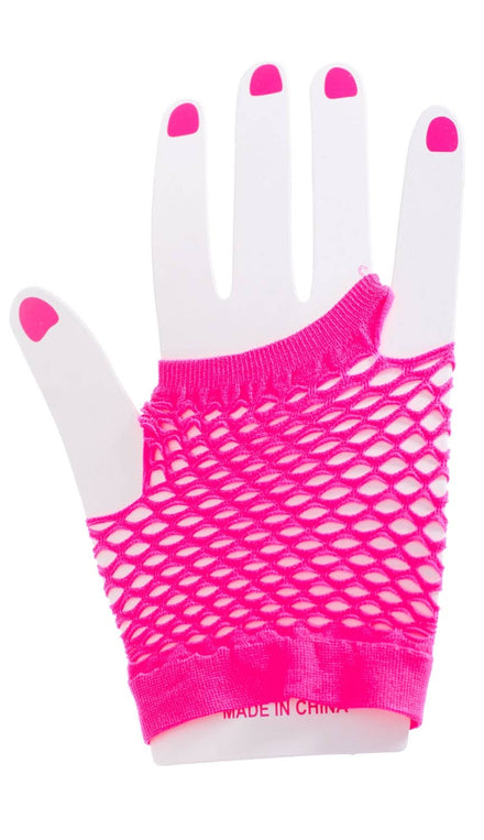 Fingerless Short Neon Pink Fishnet Gloves Costume Accessory Image 1 