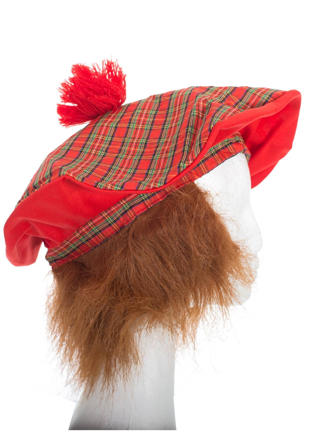 Scottish Tam O' Shanter Red Tartan Hat with Attached Orange Wig