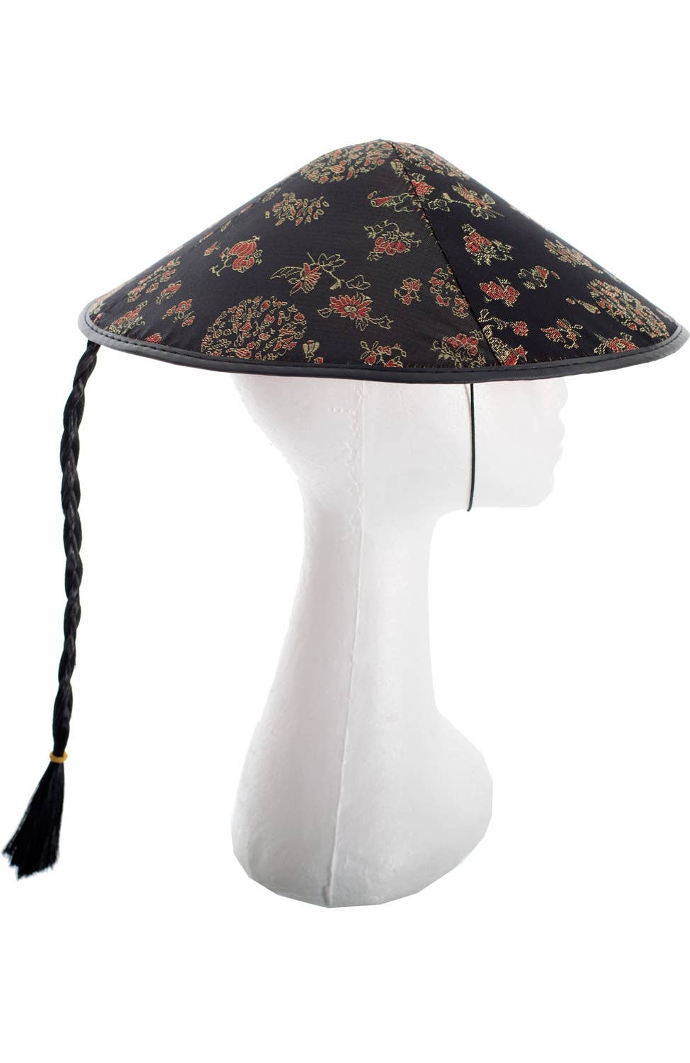 Adult's Black Satin Brocade Chinese Farmer Hat with Plait