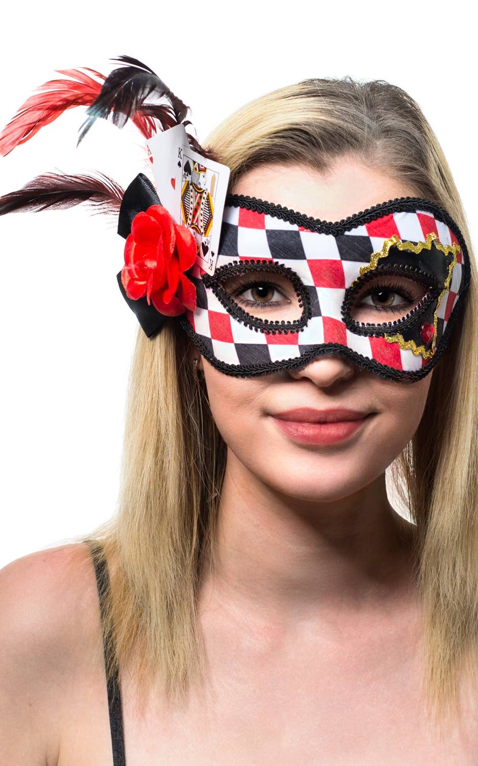 Red, Black and White Checkered Masquerade Mask On Glasses