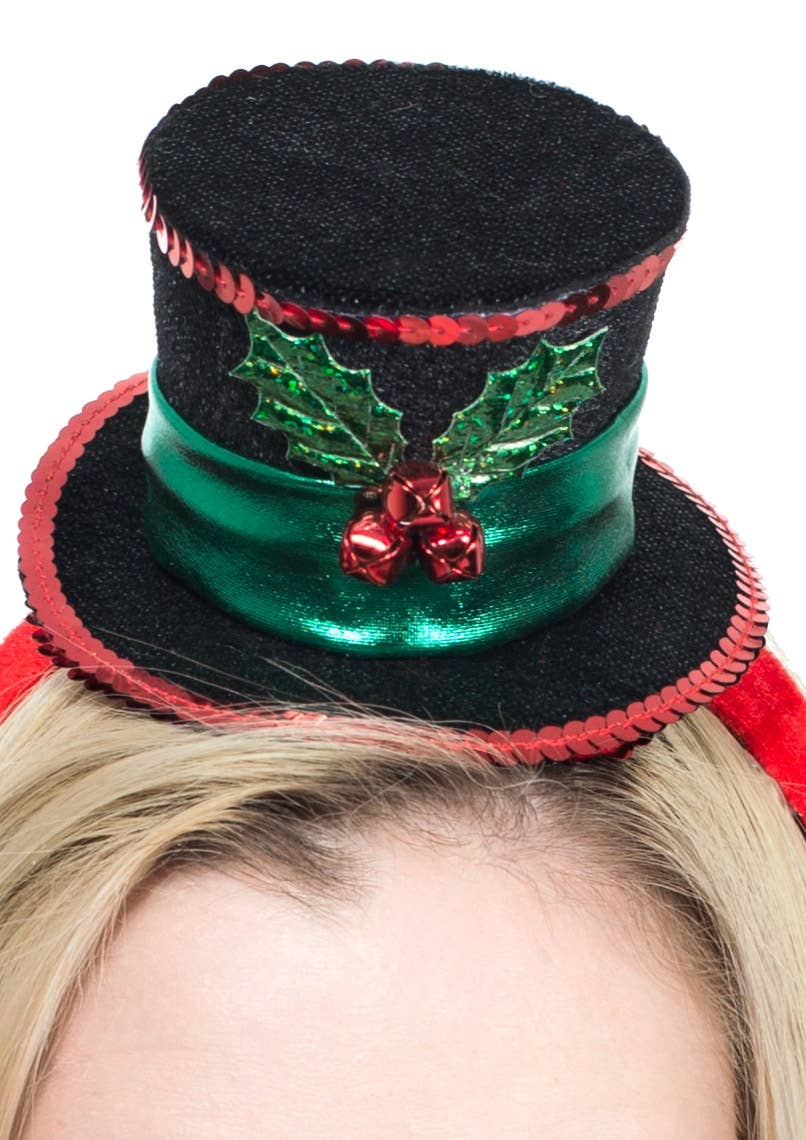 Black and Red Mini Christmas Top Hat on Headband Close Image