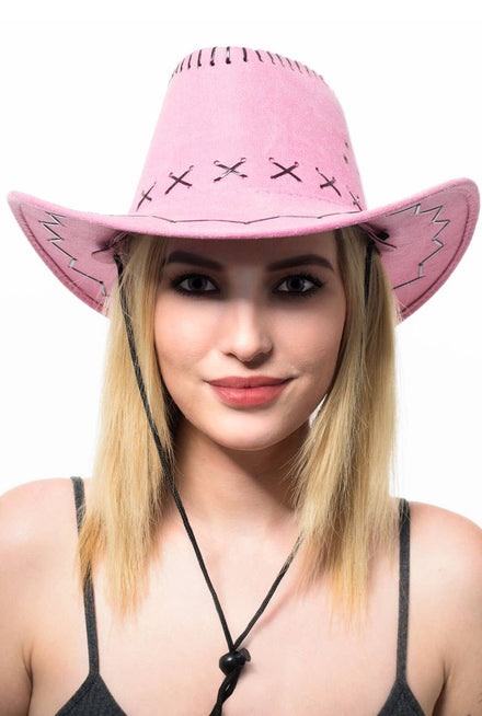 Women's Pink Faux Suede Cowboy Costume Hat Accessory Main Image